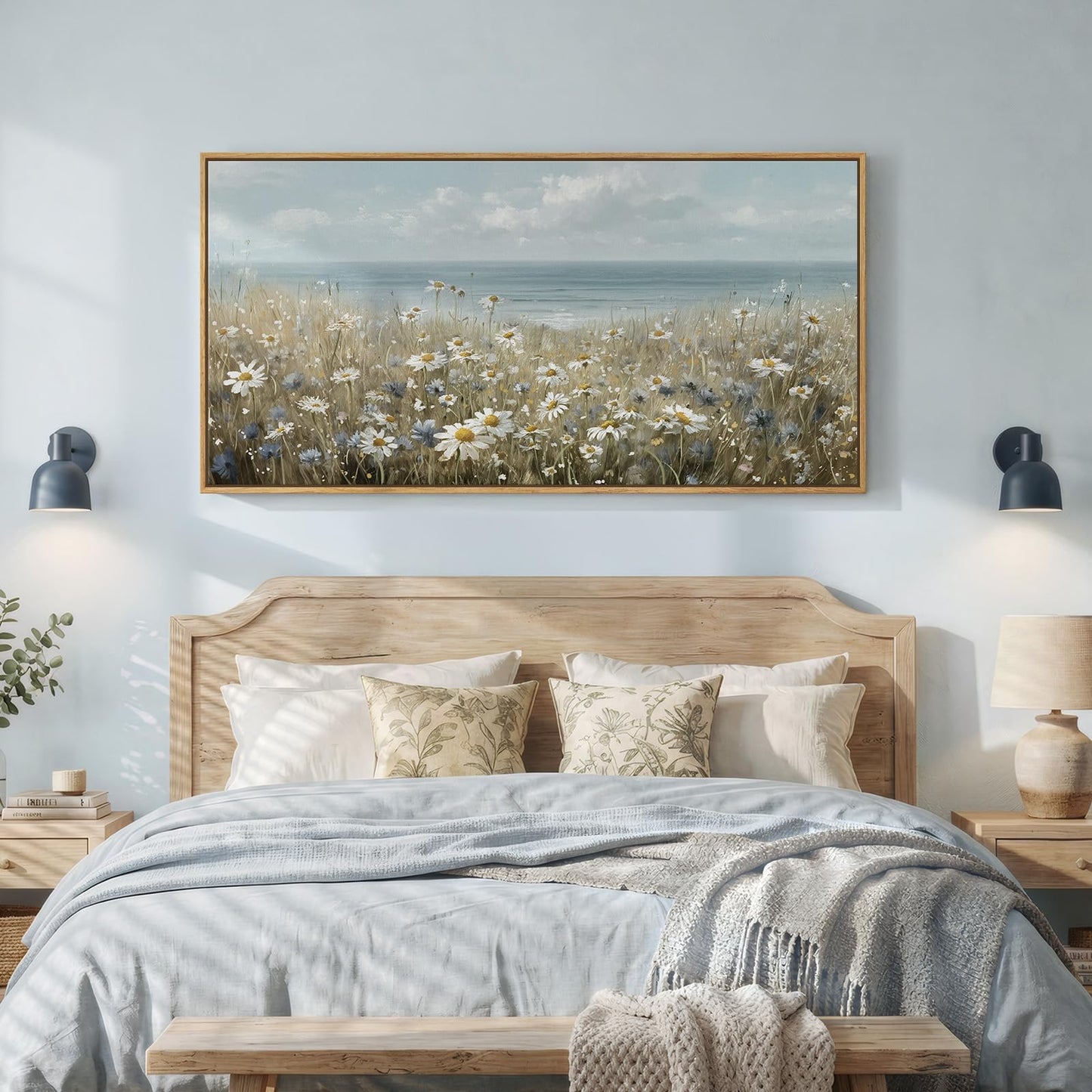Extra Large Framed Coastal Landscape Wall Art for Living Room, Horizontal Wildflower Seascape Canvas Artwork for Walls, Ocean Scenic Picture Print for Dining Room Bedroom Office Wall Decor, 60x30 Inch