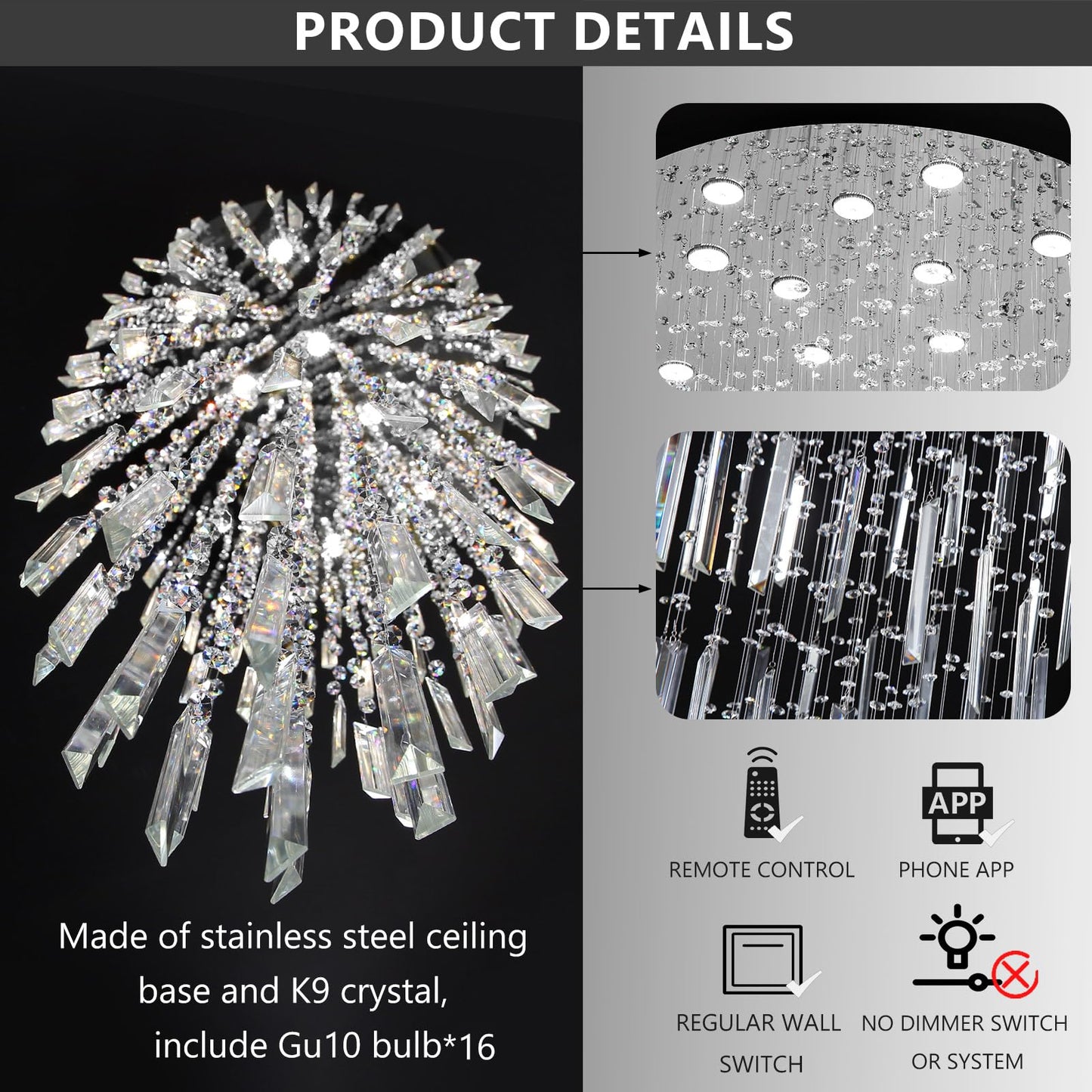D40'' x H120'' Crystal Chandelier High Ceiling Chandeliers for Entryway Large Raindrop Chandeliers LED Dimmable Flush Mount Light Fixtures for Staircaes Foyer Hallway Living Room Bulbs Included Silver