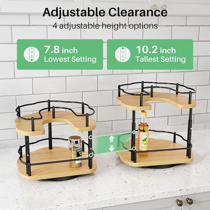 Lazy Susan Organizer Spice Rack - Spice Organization for Cabinet Height Adjustable Rotating Lazy Turntable, Pantry Kitchen Wood Revolving Seasoning Organizer (Natural, 9 Inch)