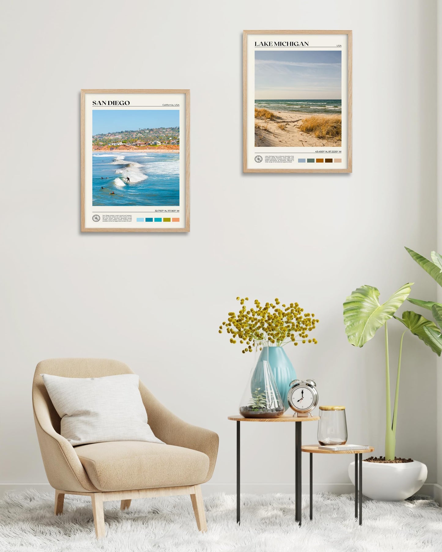 HesenDot Natural OAK Wood San Diego Surfing Framed Wall Art,12x16in Natural Seascape Canvas Wall Print,Classic Urban Landmark Wall Decor for Living Room,Bedroom,Office Gallery Gifts Set of 1