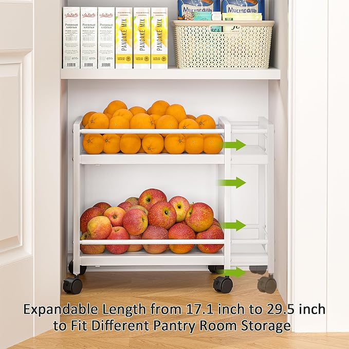 1 Pack 2-Tier Expandable Pantry Floor Organizer Cart, Rolling Pantry Storage Cart with Wheel, Adjustable Can Organizer for Kitchen Pantry, Pantry Shelves and Storage Rack for Snacks, Vegetables, White