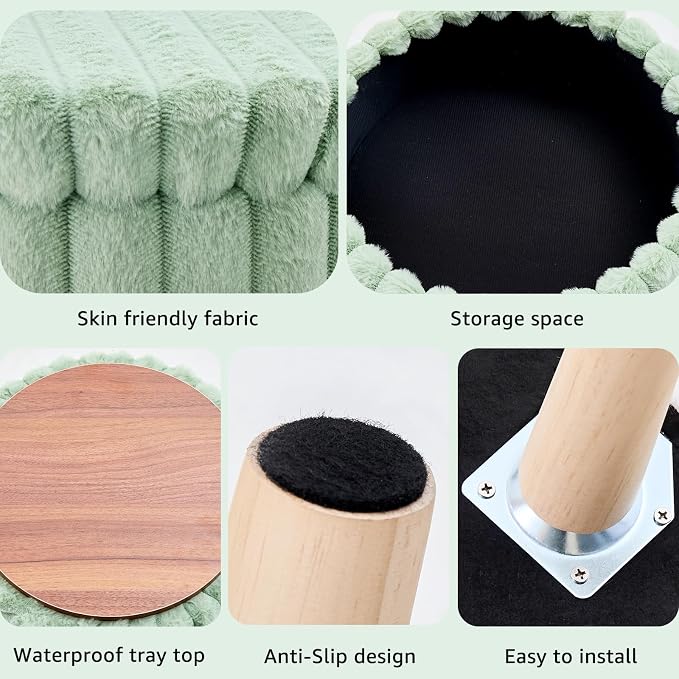 Wimarsbon Storage Ottoman, Modern Round Footrest with Soft Padded Seat, Teddy Velvet Footstool with Wood Legs, Accent Small Table or Plant Stand for Hallway, Living Room (Light Green)