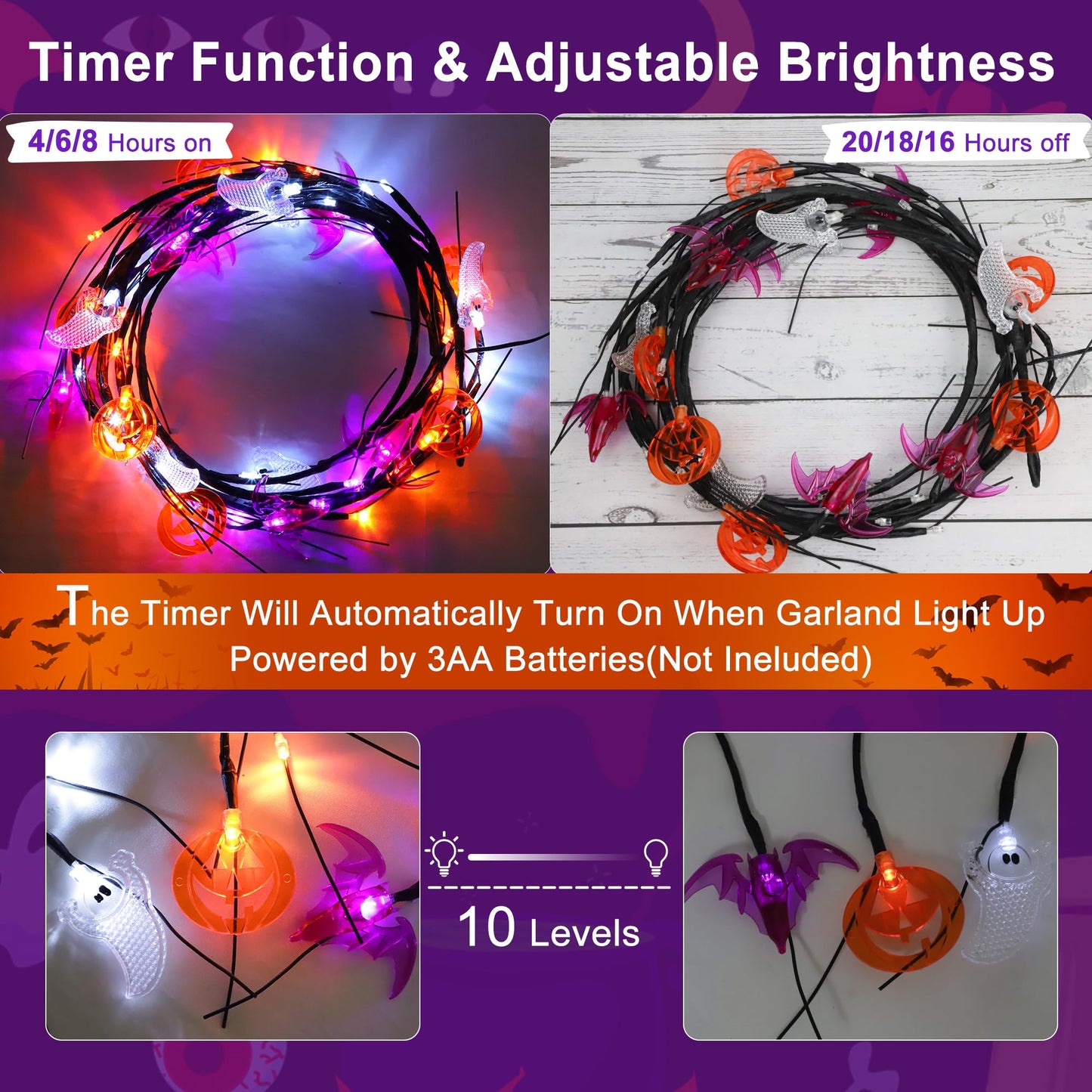 Sakayo [Timer] 6 FT Willow Vine Twig Halloween Decorations Garland with Pumpkin Bat Ghost Lights, 8 Modes Waterproof Battery Operated Halloween Lights Indoor Home Wall Window Mantle Party Decor