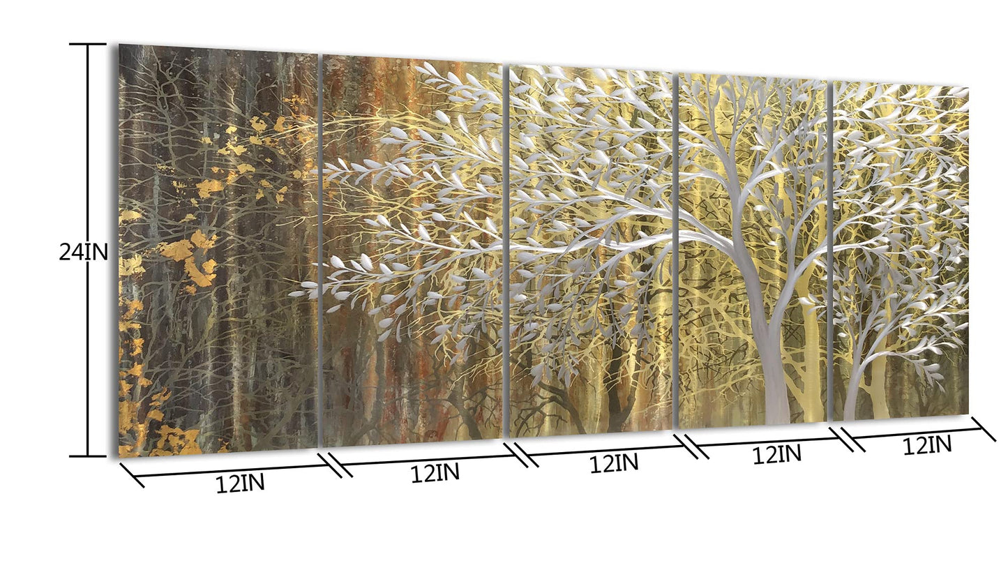 Yihui Arts Gold Metal Wall Art Handcrafted Tree on Aluminum Artwork Modern Forest Pictures with 3D for Living Room Bedroom Kitchen Decor