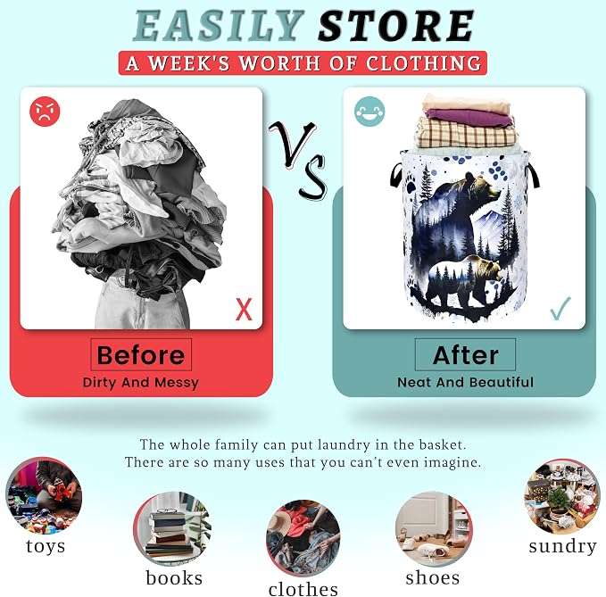 Bear Forest Laundry Basket Animal Bears Laundry Hamper Foldable Oxford Cloth Adventure Funny Tote Bag Clothes Toy Storage Bucket For Bathroom/Laundry Storage/Bedroom 18.9 x 16.5 Inch