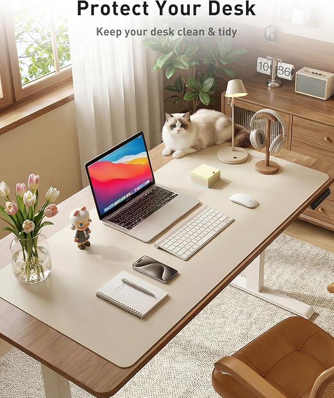 Aothia Faux Leather Desk Mat - Large Mouse Pad, Non-Slip PU Leather Blotter, Waterproof Writing Surface for Office and Home (Eggshell, 42" x 17")