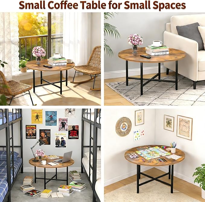 FAMIDGE Round Coffee Table, 23.6" Small Coffee Tables for Living Room, Circle Coffee Table with Metal Frame, Floor Table Desk for Sitting on The Floor, Home, Office, Rustic Brown