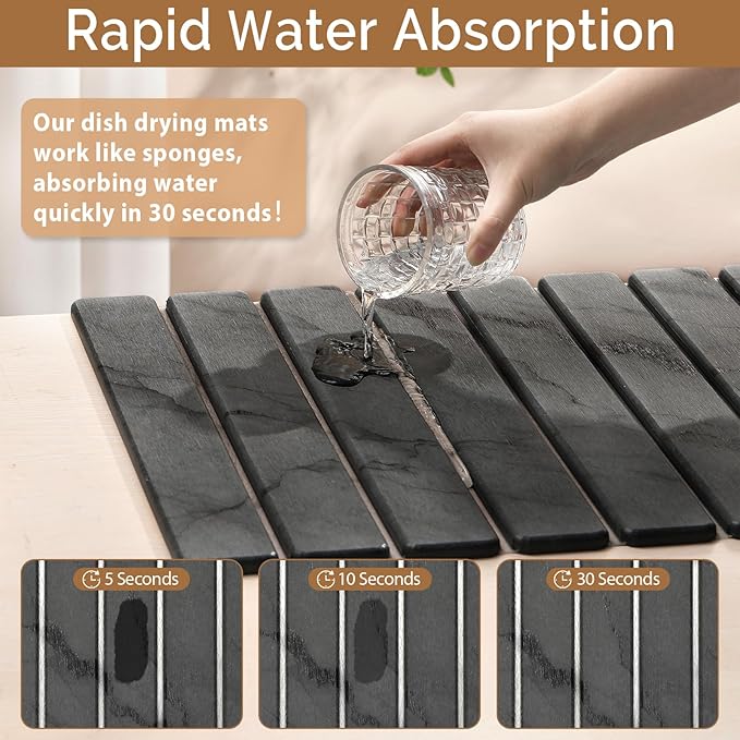 Extra Large Stone Dish Drying Mat for Kitchen Counter, Quick Dry Stone Dishes Mats, Foldable Water Absorbing Diatomaceous Drying Pad for Countertop Bottles Utensils Cups Bathroom(Dark Gray 32"×16"）