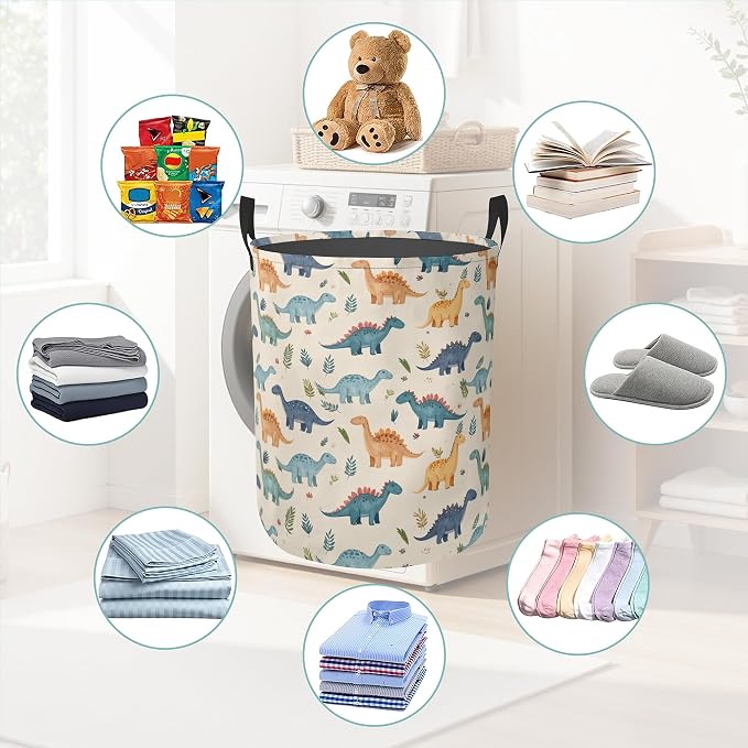 Laundry Basket With Handle, Dirty Clothes Laundry Hamper, Oxford Cloth Bin Storage Organizer for Toy Collection (Cute Dinosaur)