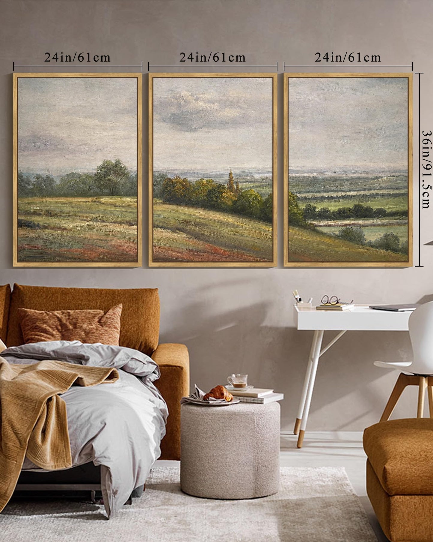 SHENIFY Extra Large Vintage Framed Wall Art White Clouds Over Vast Grassland Landscape Painting Retro Meadow Scenery Farmhouse Bedroom Above of Bed Living Room Deco - 24x36in3pcs Natural Framedr