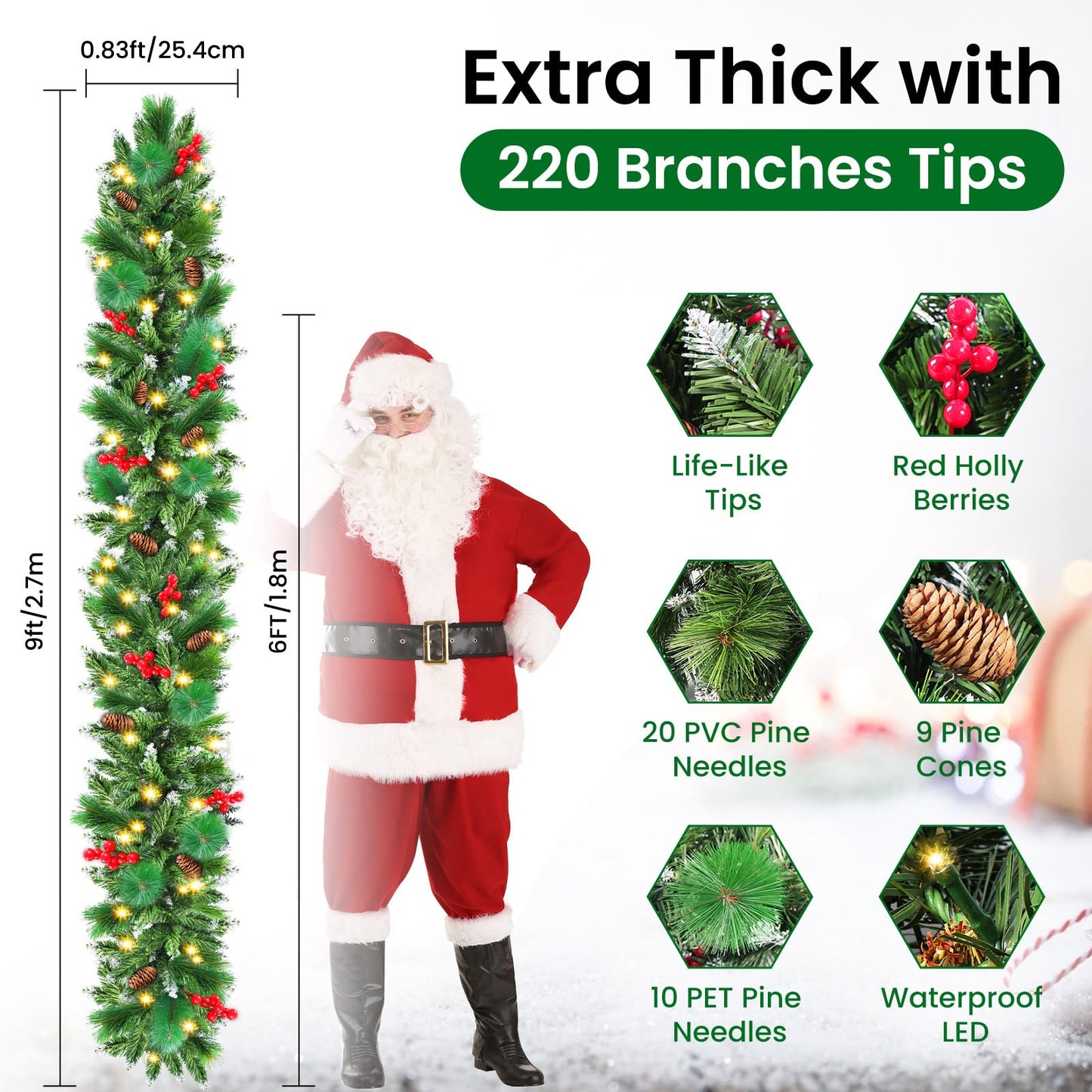 Christmas Garland with Lights, 50 LEDs 9FT Prelit Garland Battery Operated Outdoor Indoor Christmas Decorations Lighted Garland for Stairs Railing Fireplace Mantle Front Door Home Holiday Decor