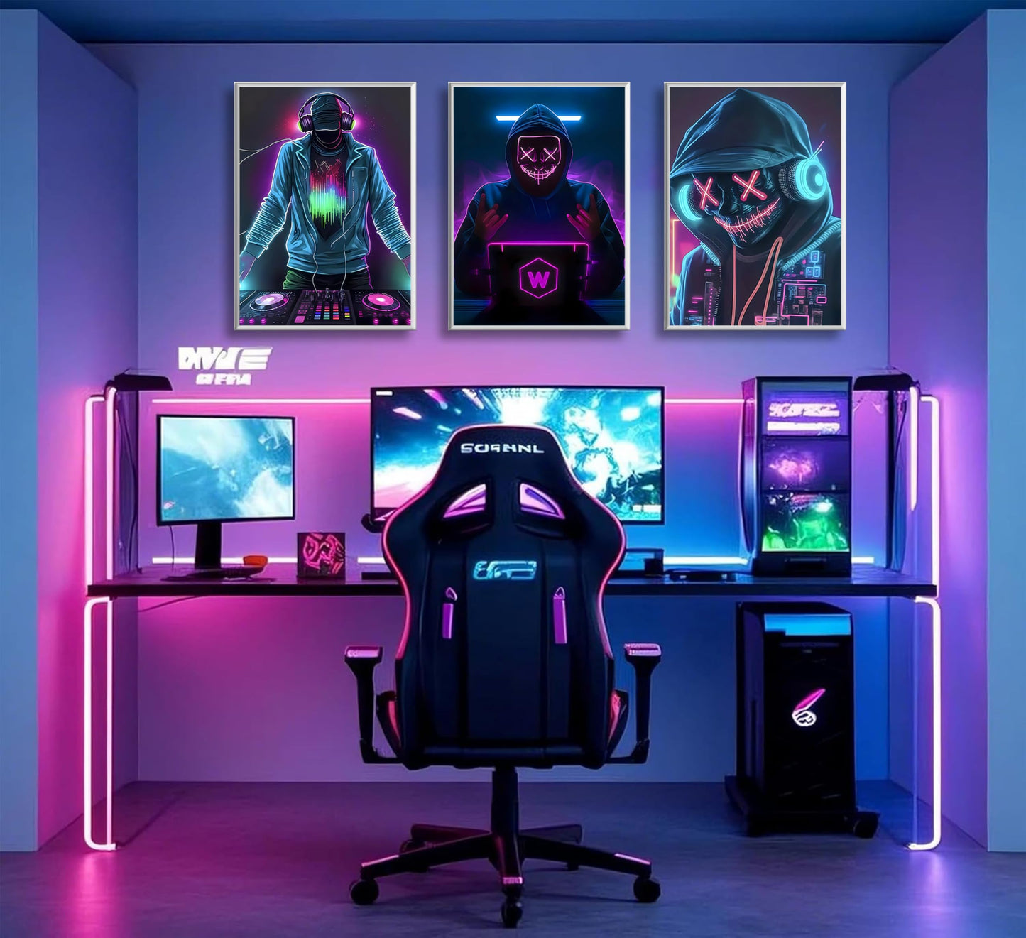 JWDXNOOK 3Pcs Cool Gaming Wall Art Neon Hooded Mask Character Pictures Posters Wall Decor Cyberpunk Canvas Paintings Prints for Teen Room Boy Bedroom Decoration Unframed