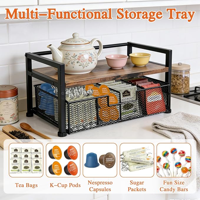 Tea Bag Organizer, Wooden Tea Storage Box with Metal Drawer, 8-Compartment Tea Bag Holder, Tea Station Display Case for Countertop Kitchen, Office, Pantry