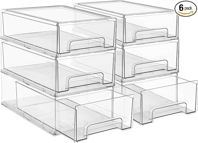 Sorbus Medium Clear Stackable Storage Drawers – 6-Pack Plastic Organizer Bins with Handles – Stackable Pull-Out Storage Drawers for Closet, Pantry, Office, Bathroom, Craft, and Toy Organization