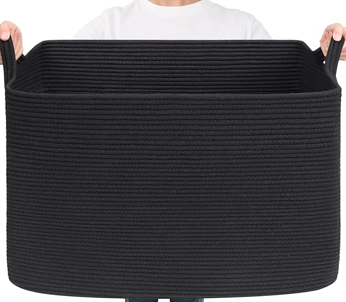 Goodpick Large Woven Storage Basket, 105L Extra Large Blanket Basket for Living Room, Bedroom, Rectangle Cotton Rope Organizer for Toy Storage, 25”x16”x16”, Black