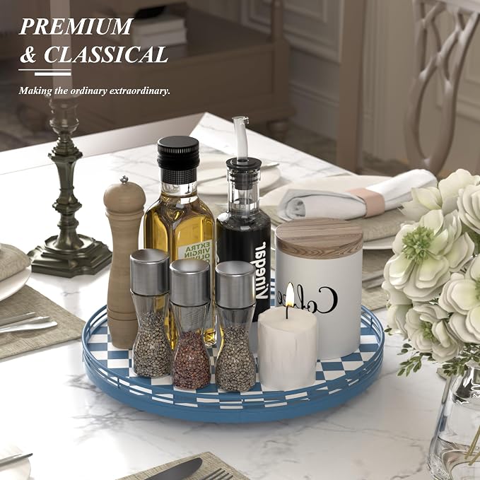 Premium Rubber Wood Lazy Susan Turntable, Blue White Checkerboard Decorative Serving Tray, Hand-Welded Metal Railing, Stable Rotating Organizer for Dining Table, Kitchen Counter, Coffee Table Decor