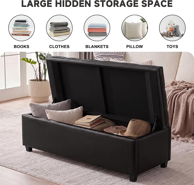 Mangodan 43" Storage Ottoman Bench, Tufted Ottoman with Storage for Living Room, Large End of Bed Ottomans, Modern Entryway Benchs, Window & Bedroom Benches for Foot of Bed (Faux Leather Black)