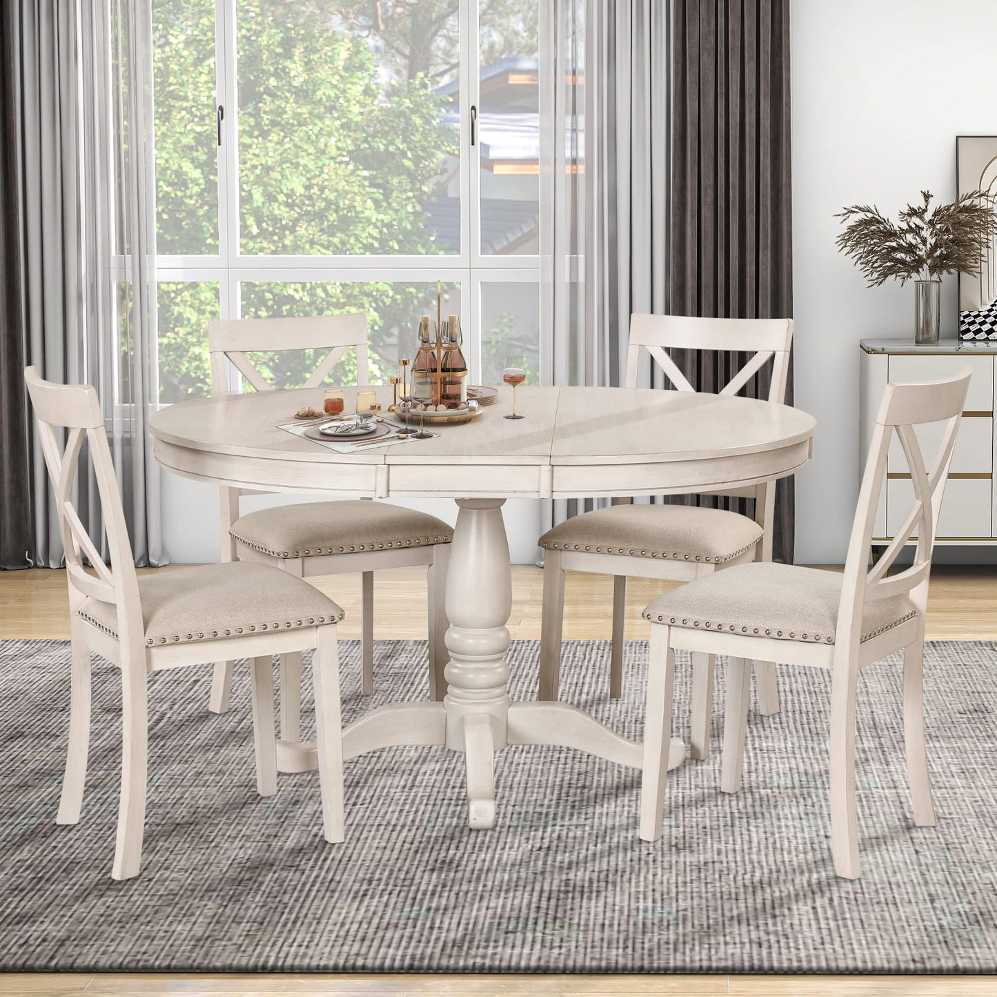 GDFStudio Modern Round Dining Table Set for 4, 5-Piece Kitchen Table with Extendable Oval Top and 4 Solid Wood Chairs, Small Space Furniture for Dining Room, Breakfast Nook, Dinette, Antique White