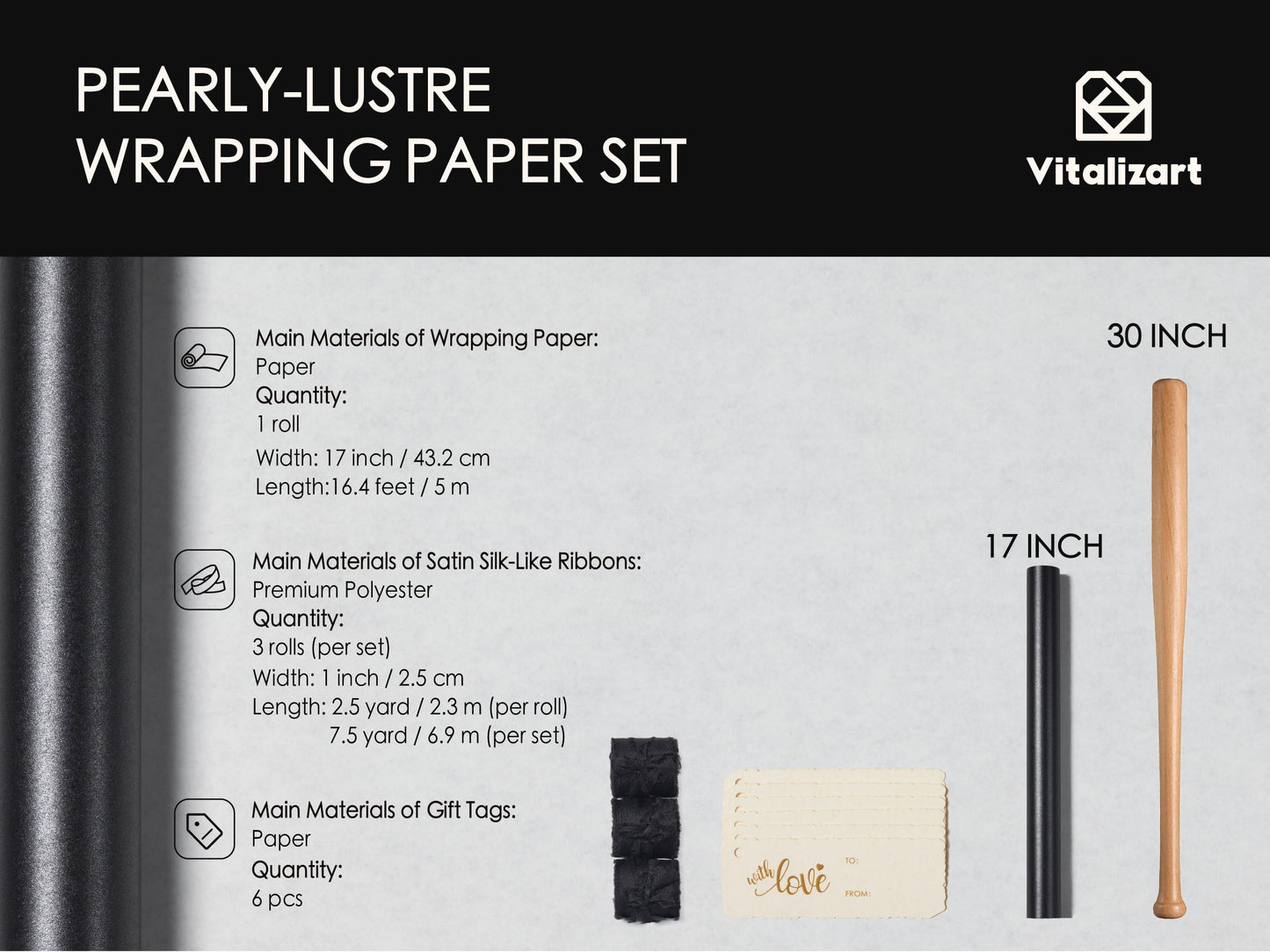 Vitalizart Black Wrapping Paper Set 17" Pearly-Lustre With Silk Like Satin Ribbon & Gift Tags Recyclable Christmas Gift Wrapping Birthday Baby Shower Wedding Handmade Crafts 197"(16.4 Ft)