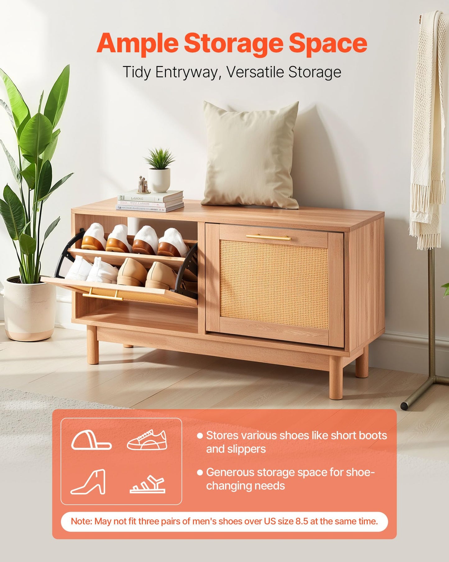 VEVOR Rattan Shoe Storage Bench, Entryway Bench with 2 Flip Drawers, Holds up to 300 lbs with 4 Compartments and 2 Rattan Doors, 39.4 x 11.8 x 20.9 Inches for Hallway, Living Room, Bedroom