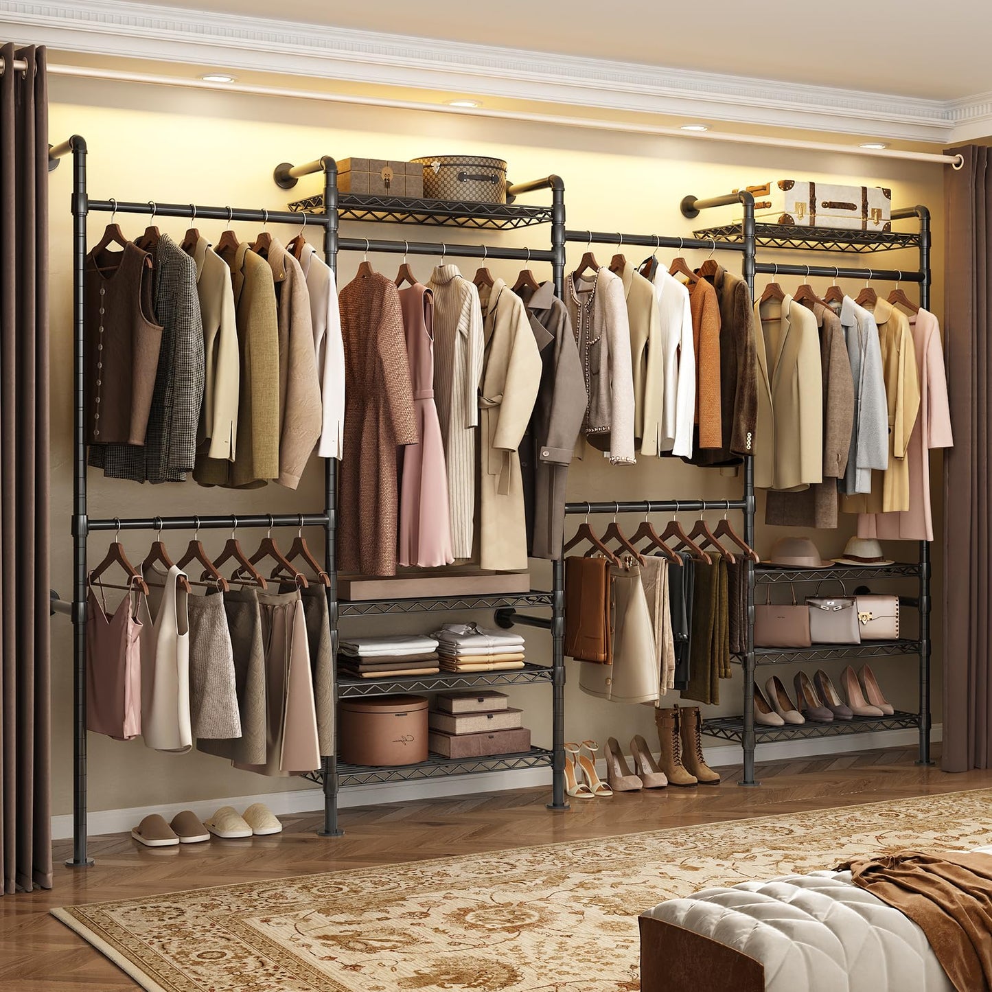 Wall Mounted Garment Rack, Walk-in Closet System with 4 Expandable Rods, 8 Adjustable Shelves, Industrial Pipe Clothing Racks, Hanging Clothes Organizers and Storage, Metal Closet Shelving Black