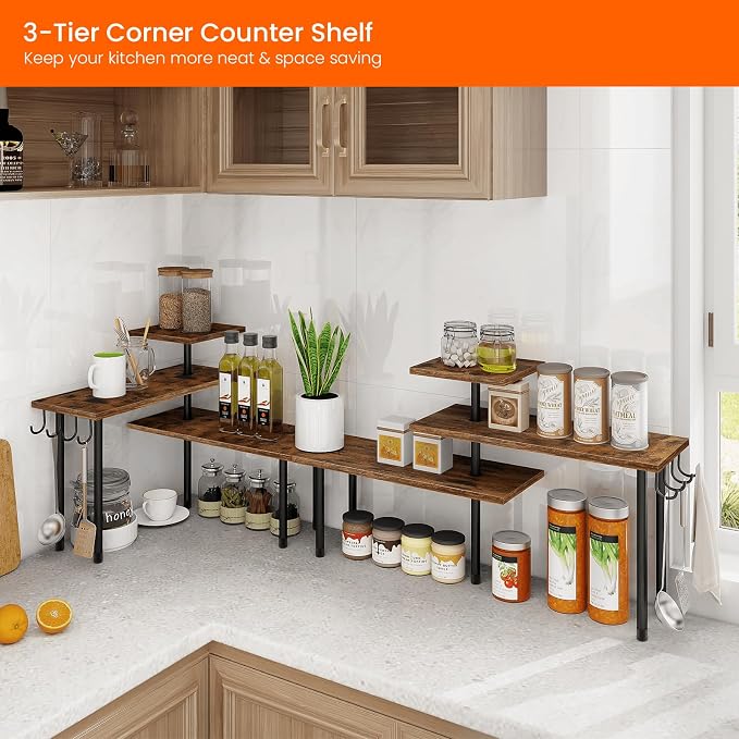 Homode Kitchen Countertop Organizer - 3 Tier Corner Shelf, Bathroom Counter Organizer, Spice Rack, Coffee Bar, Over Sink, Rustic Brown