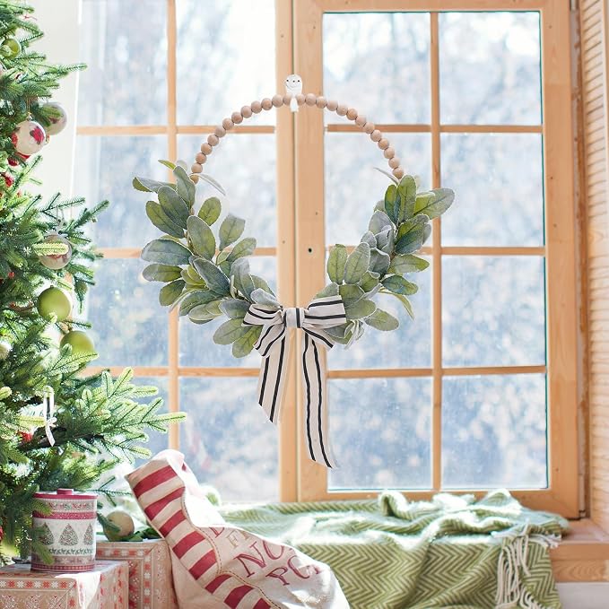 Wood Bead Lambs Ear Wreath - 13 Inch Artificial Greenery Leaf Wreaths Boho Wall Hanging Decoration for Spring Summer Modern Natural Home Farmhouse Porch Indoor Outdoor Wedding Decor