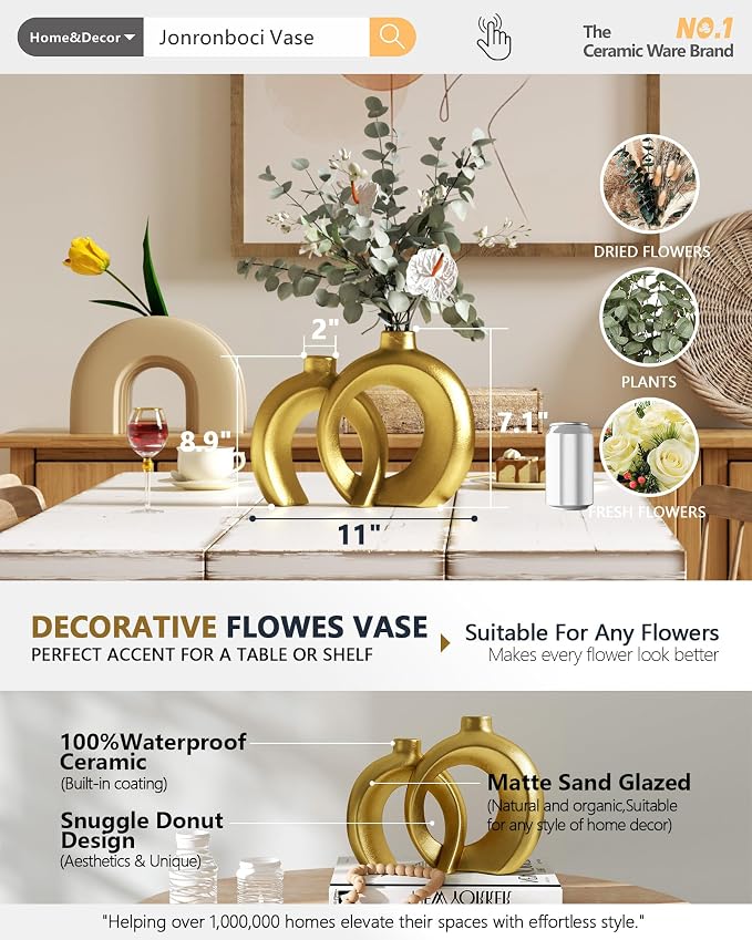 Set of 2 Gold Ceramic Vases for Home Decor Accents - Unique Hollow Donut Artistic Design Modern Art Deco Luxury Style Decorative Vases for Shelf, Mantel, Entryway Table Decor (Matte Gold)