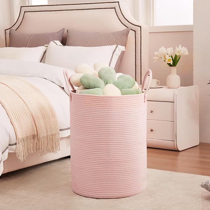 80L Extra Large Pink Hamper Laundry Basket for Baby Girls Tall Nursery Hamper for Kids Woven Rope Clothes Basket for Little Girls Room Bedroom Light Pink Kawaii 16"D x 22"H