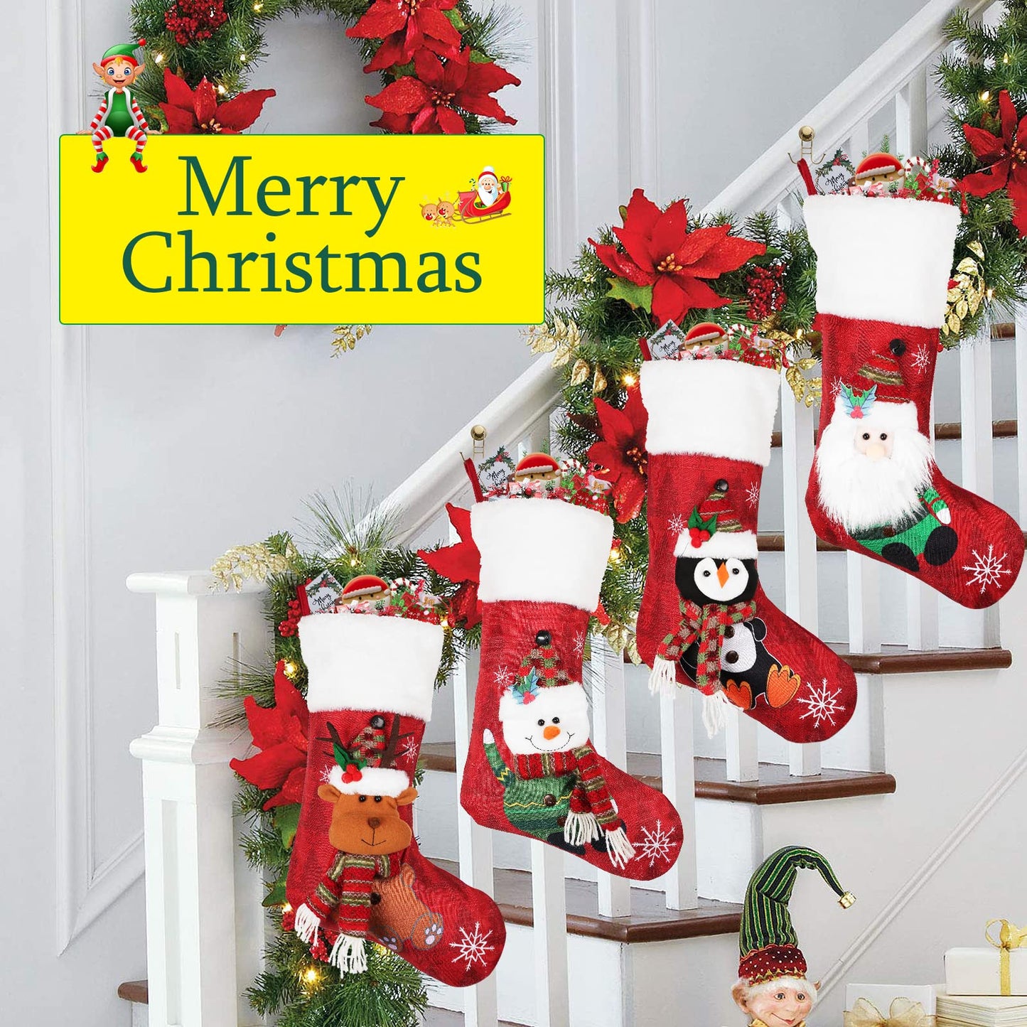 COOLWUFAN Christmas Stockings 4 Pack, 19'' Xmas Stockings with Snowflake Santa Snowman Reindeer Penguin and Plush Faux Fur Cuff Stockings for Stairs Fireplace Hanging Xmas Home Decor