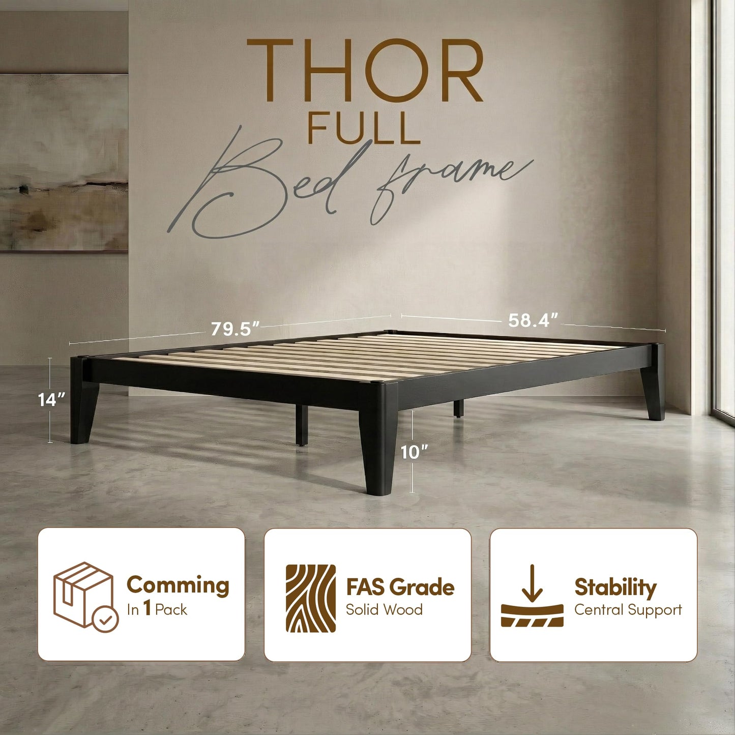 AllForWood Thor Premium Solid Wood Bed Frame Full, Japanese Joinery Bed Frame with Wood Slat Support, Platform Bed, No Box Spring Needed, Easy Assembly, Minimalist & Modern Style (Midnight Charcoal)