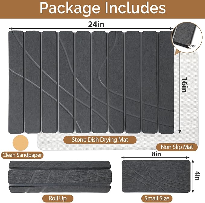 Large Stone Dish Drying Mat for Kitchen Counter,2 PCS Quick Dry Stone Mats,Foldable Water Absorbing Diatomaceous Drying Pad for Countertop Bottles Utensils Cups (Flow Line Dark Gray 24"x16" & 8"x4")