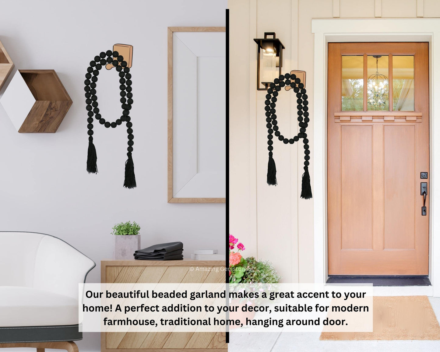 Amazing Gemstone Lava Crystal Farmhouse Decor Beads with Tassel - 38" Crystal Bead Garland Decor for Farmhouse Wall Decor, Home, Coffee Table, Shelf - Rustic Country Boho Prayer Beads Wall Decor