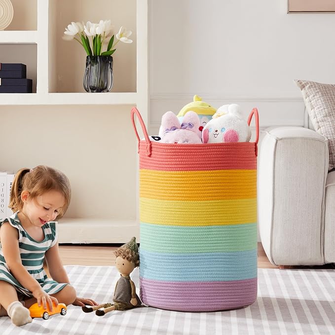 80L Extra Large Rainbow Laundry Hamper Basket for Girls Kids Tall Unicorn Baby Nursery Hamper for Clothes Woven Rope Blanket Toy Basket in Living Room Playroom Bedroom 16"D x 22"H