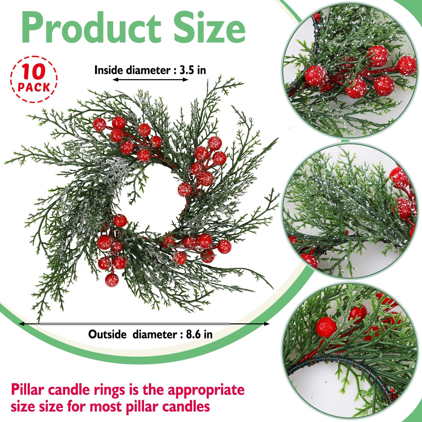 Serlvan 10 Pcs Christmas Candle Rings Wreath Artificial Candle Rings with Red Berry, Snowy Pine Garland Candle Ring Holder for Christmas Decorations Table Centerpiece