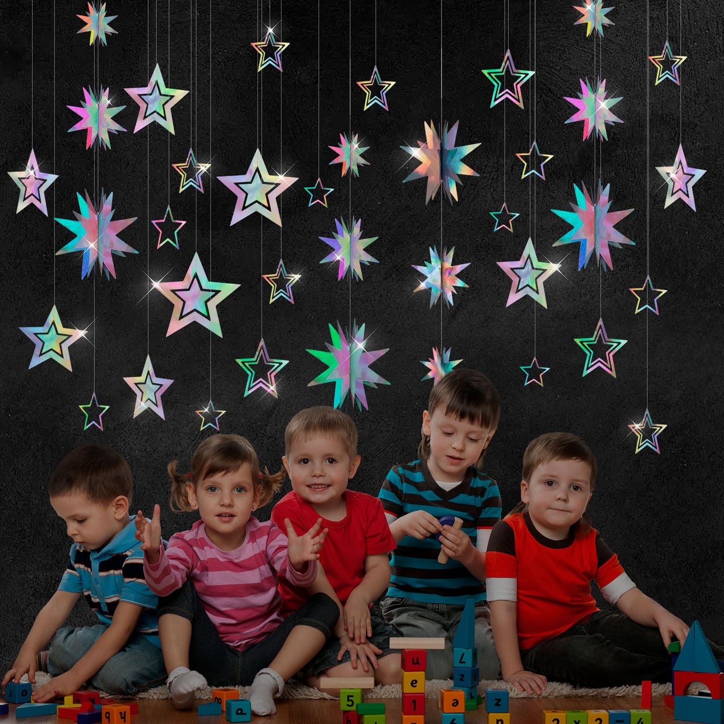 KINYFY Star Garland Decorations Kit, Holographic Twinkle Little Stars Garlands, Glitter 3D Star Hanging Streamer Backdrop Banner for Birthday, Baby Shower, Graduation, Wedding, Ramadan, EID