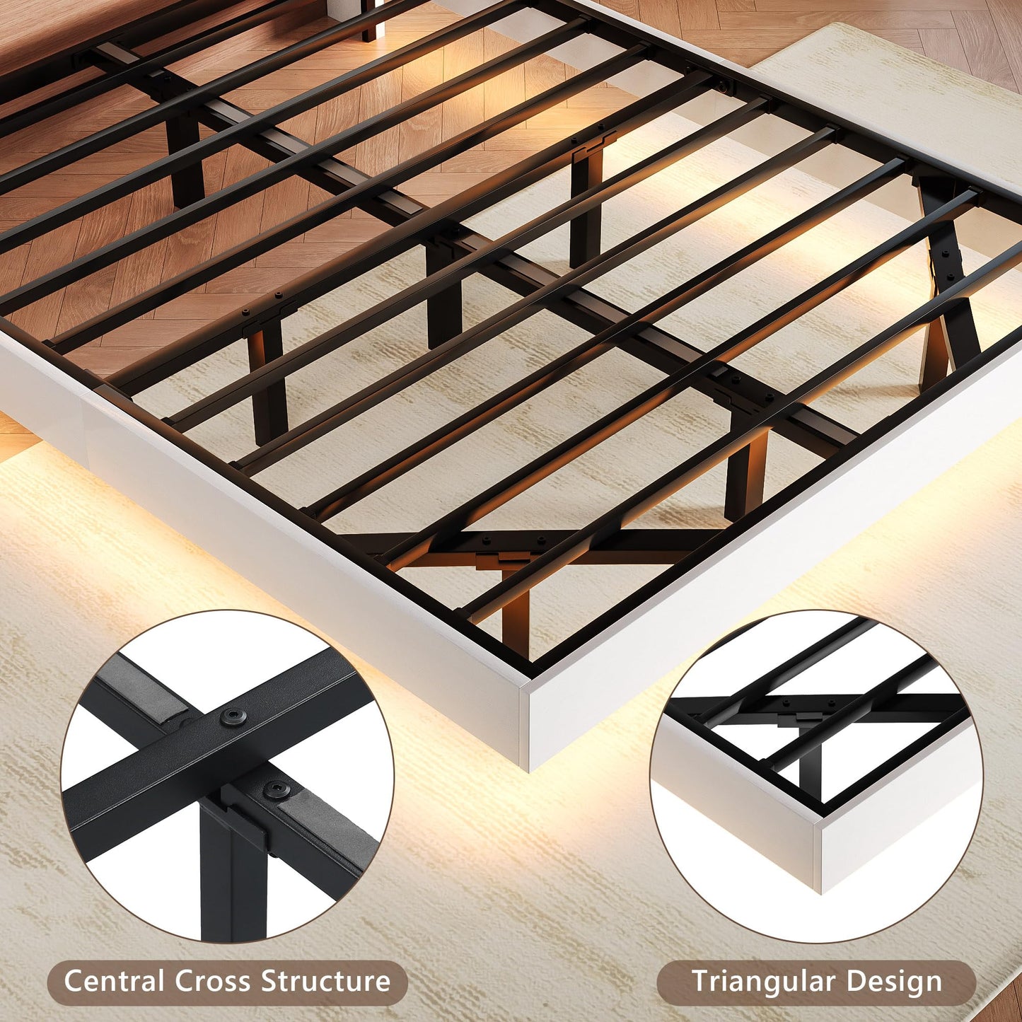 Einhomn Floating Bed Frame Full with 2-Tier Storage Velvet Fabric Upholstered Headboard, Wooden Platform Bed Frame w/Charging Station & LED Lights, Metal Slats Support, No Box Spring Needed, White