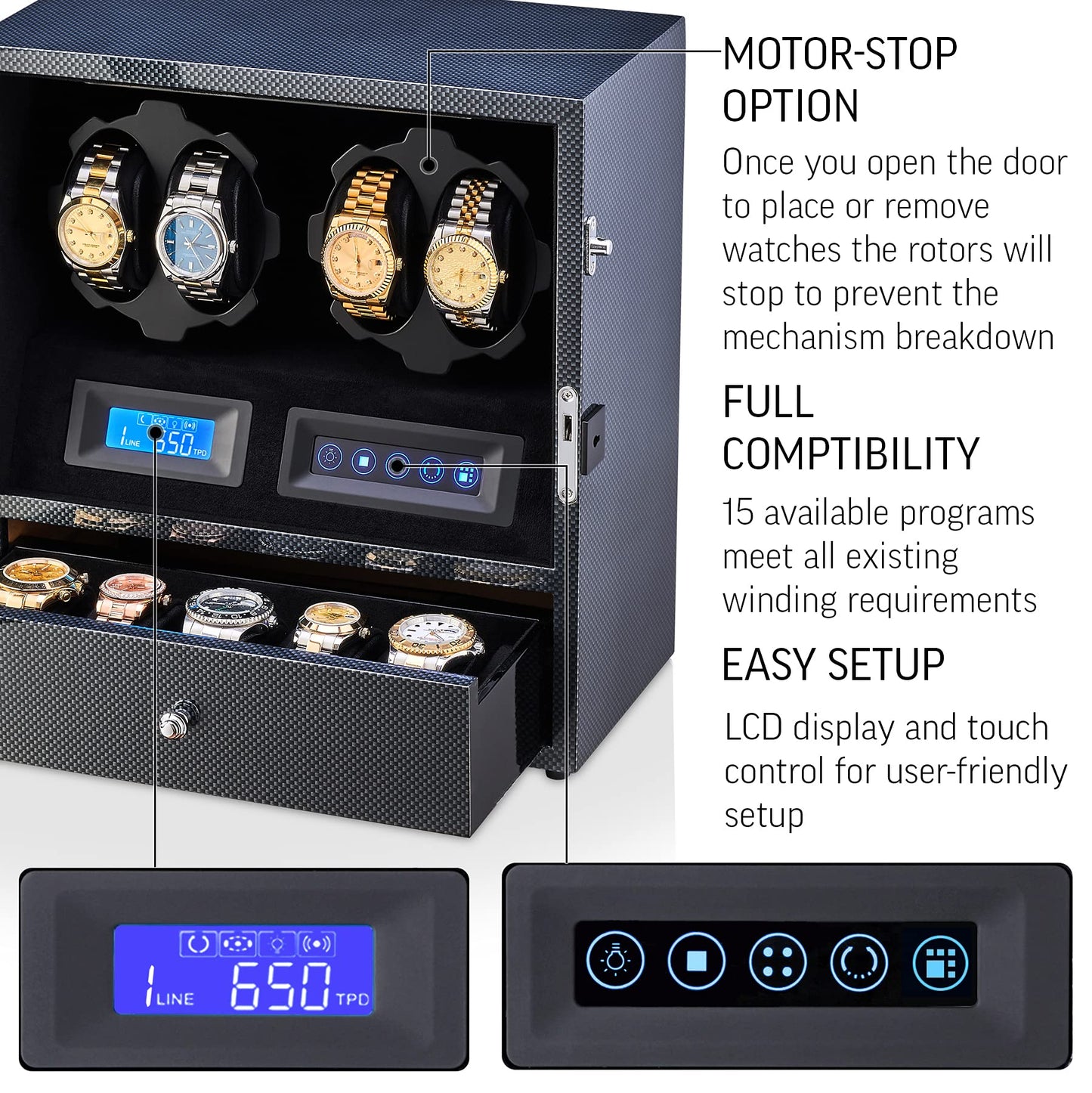 4 Watch Winder with 5 Watch Storage Space, LCD Display, Touch Control and Interior Light (Black + Black)
