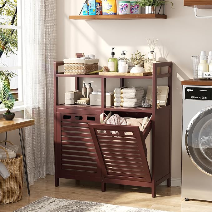 Homykic Tilt Out Laundry Hamper Cabinet, Bamboo Double Laundry Hamper with 2 Removable Laundry Baskets, 20 Gal Laundry Sorter Organizer with Shelf for Dirty Clothes, Bathroom, Laundry Room, Espresso