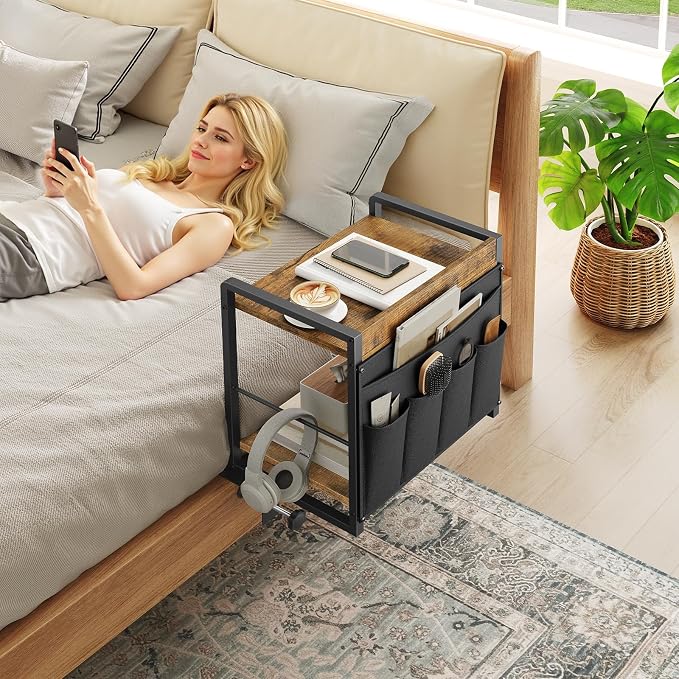 YATINEY Bedside Shelf, Bunk Bed Shelf with Storage, Clip-on Loft & Bunk Bed Tray Shelf, Nightstand for Sofa, College Dorm Room, Apartment, Rustic Brown and Black ET20BR