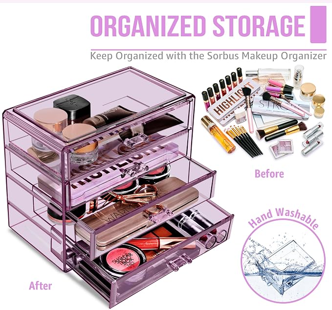 Sorbus Makeup Organizer - 4 Drawer Acrylic Make Up Organizers and Storage for Cosmetics, Jewelry, Beauty Supplies, Clear Makeup Organizer for Vanity, Girl's Room, College Dorm, Counter, Bathroom Sink