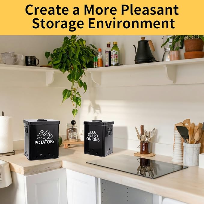 Potato and Onion Storage Bin, Set of 2 Vegetable Storage Tins with Metal Lids & Side Handles, Dual-row Ventilation Holes, Farmhouse Metal Kitchen Canisters Sets, Black