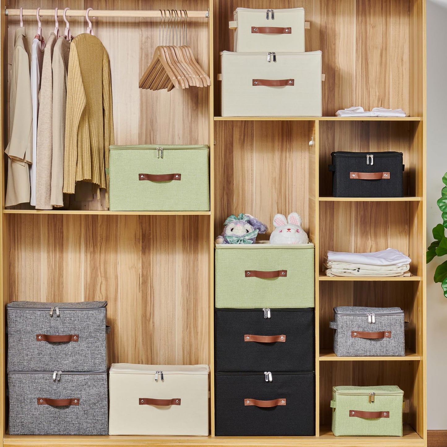 VinneGenzz Storage Bins with Zipper Lid Cotton Linen Fabric Lidded Storage Baskets Boxes Foldable Washable Closet Shelf Clothes Organizer Container with PU Leather Handles (Gray, Large Size)