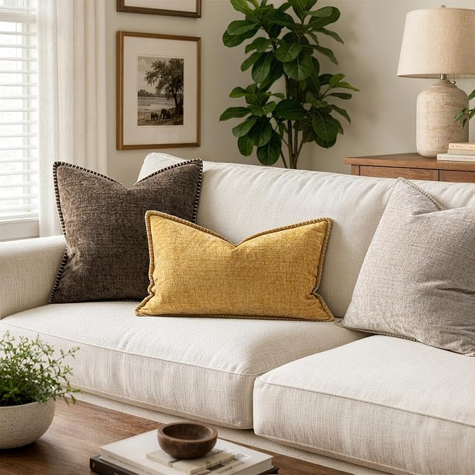 MIULEE Pack of 2 Lumbar Throw Pillow Covers 12x20 Inch Gold Mustard Yellow Farmhouse Decorative Pillow Covers with Stitched Edge Soft Chenille Solid Dyed Pillow Covers for Couch Sofa Bed Living Room