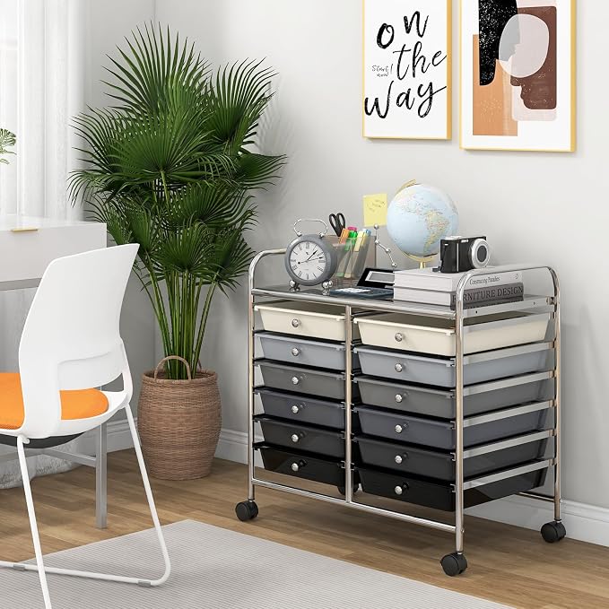 COSTWAY 12-Drawer Rolling Storage Cart, Utility Storage Organizer Cart for Tools, Scrapbook, Paper, Craft, Multipurpose Art Supply Organizer on Wheels for Home Office School, Teacher, Mixed Black