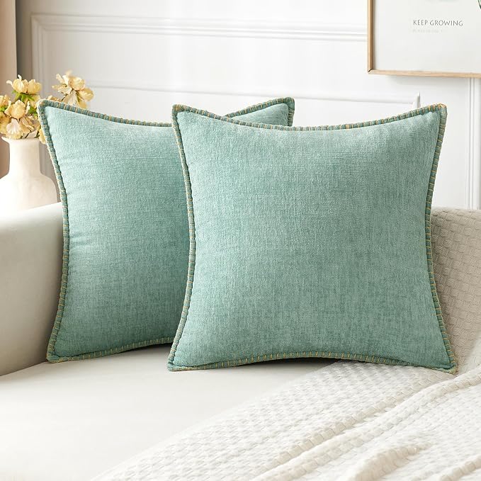 MIULEE Pack of 2 Summer Throw Pillow Covers 16x16 Inch Aqua Green Farmhouse Decorative Pillow Covers with Stitched Edge Soft Chenille Solid Dyed Pillow Covers for Couch Sofa Bed Living Room