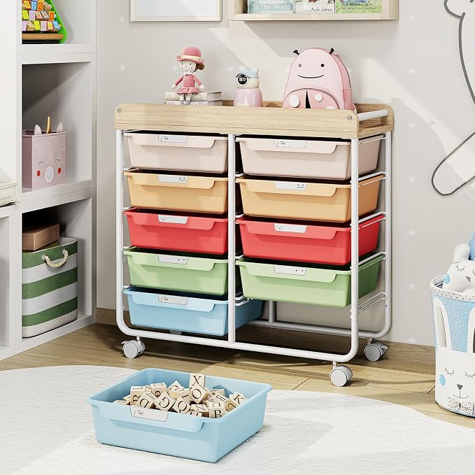 10 Drawers Rolling Cart with Wooden Tabletop, Utility Storage Cart with Wheels, Art Supply Craft Organizer on Wheel with Metal Frame & Handles for Home Office School,Colorful
