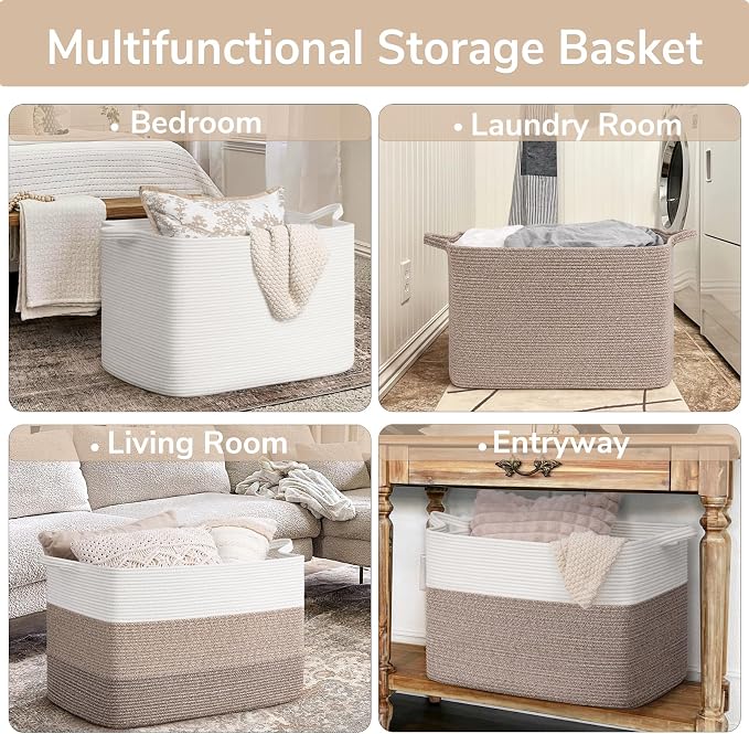 Goodpick 105L Woven Blanket Basket 25" x 16" x 16" Cotton Rope Storage Bins for Dirty Clothes, Extra Large Gift Basket for Living Room Home Decor, Toy Storage Baskets for Kids, Gradient Brown