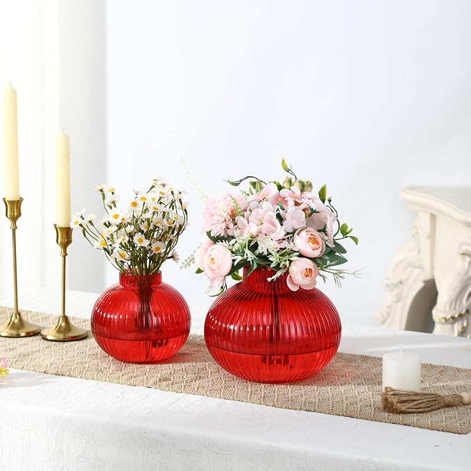 Red Glass Vases for Tulips, Set of 2, Flower Vases for Bouquet, Ribbed Glass Vase for Flowers, Short Vase for Living Room, Office, Coffee Table, Shelf, Wedding