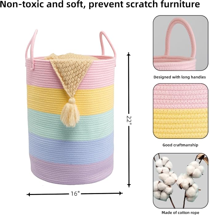 XUANGUO Rope Laundry Basket Hamper for Kids Girl Woven Storage Basket for Living Room Bedroom Boho Tall Baskets for Blanket Toys Pillow Towels Baby Nursery Hamper Bin rainbow Large
